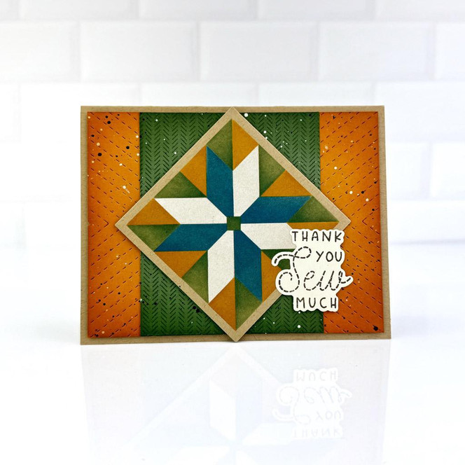 Handmade greeting card with quilt square on it and thank you sew much sentiment on it.