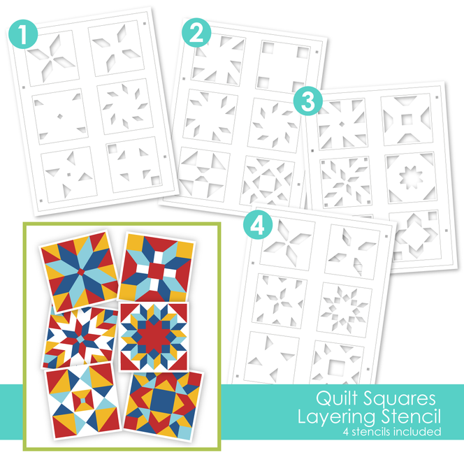 Graphic of Quilt Squares Layering Stencil that includes 4 stencils that create quilt patterns for papercrafting.