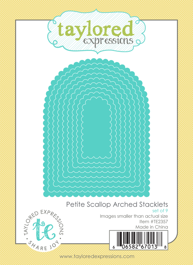 Graphic of Petite Scallop Arched Stacklets steel die set that cuts out various scalloped arches for papercrafting.