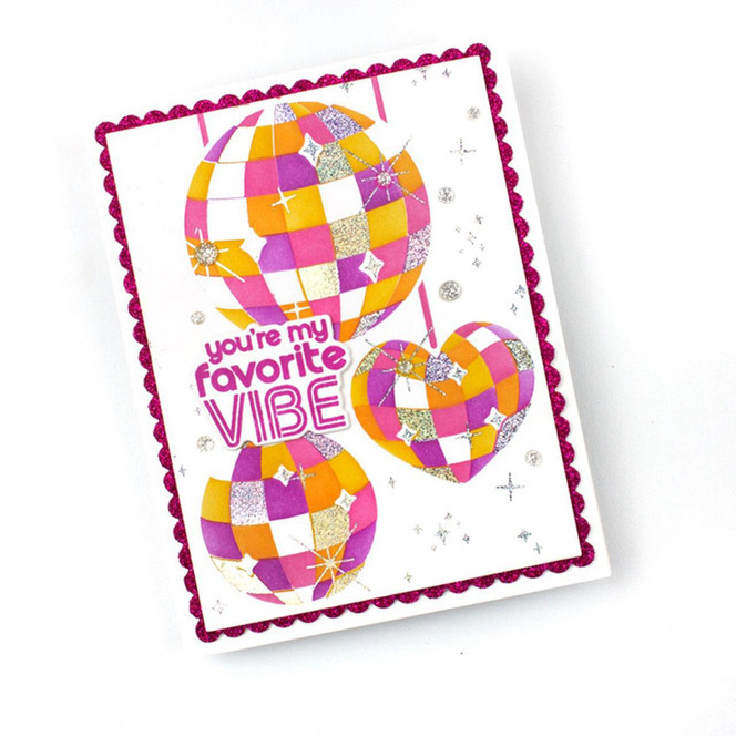 Handmade greeting card with disco balls on it with you're my favorite vibe sentiment on it.