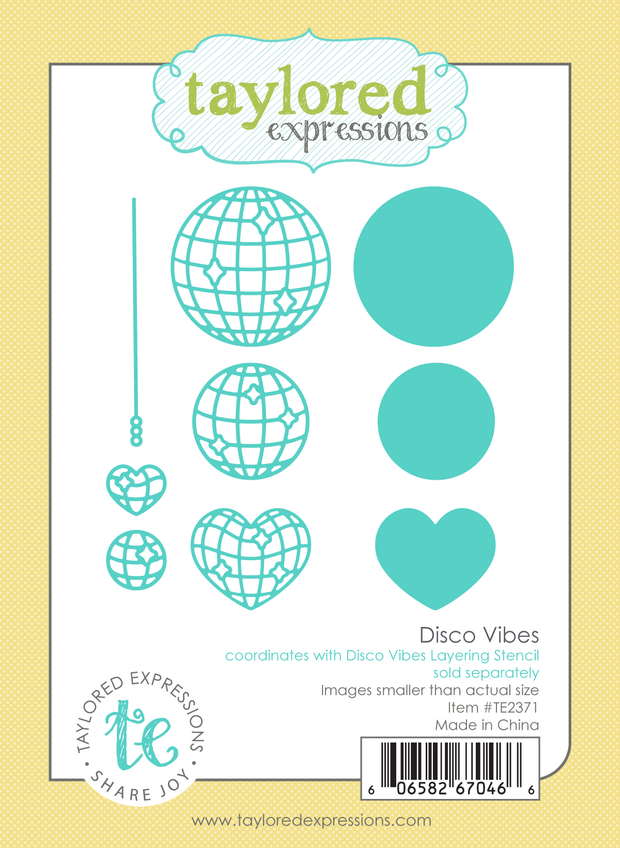 Graphic of Disco Vibes dies that cut out three large disco balls, one being heart shaped, and the other two being smaller for disco themed cardmaking.