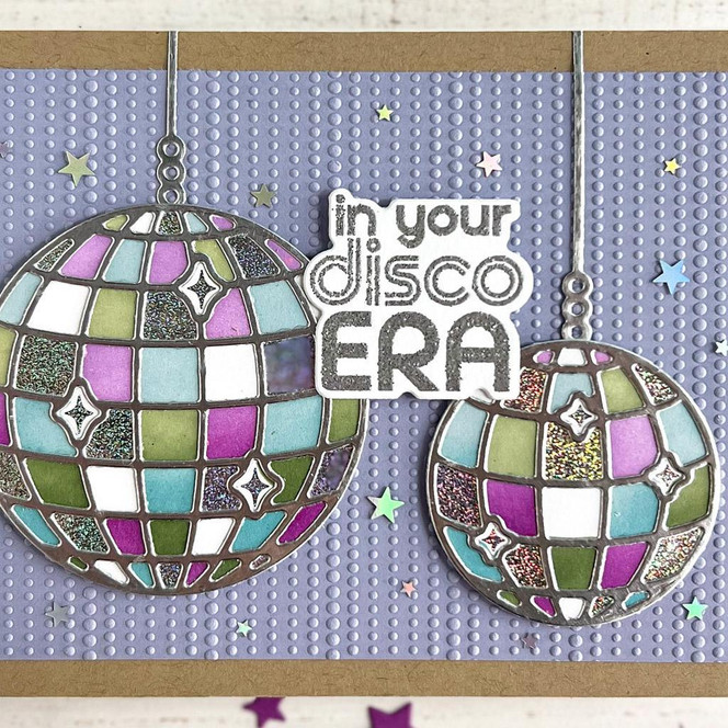 Handmade greeting card with two disco balls on it and in your disco era sentiment on it.