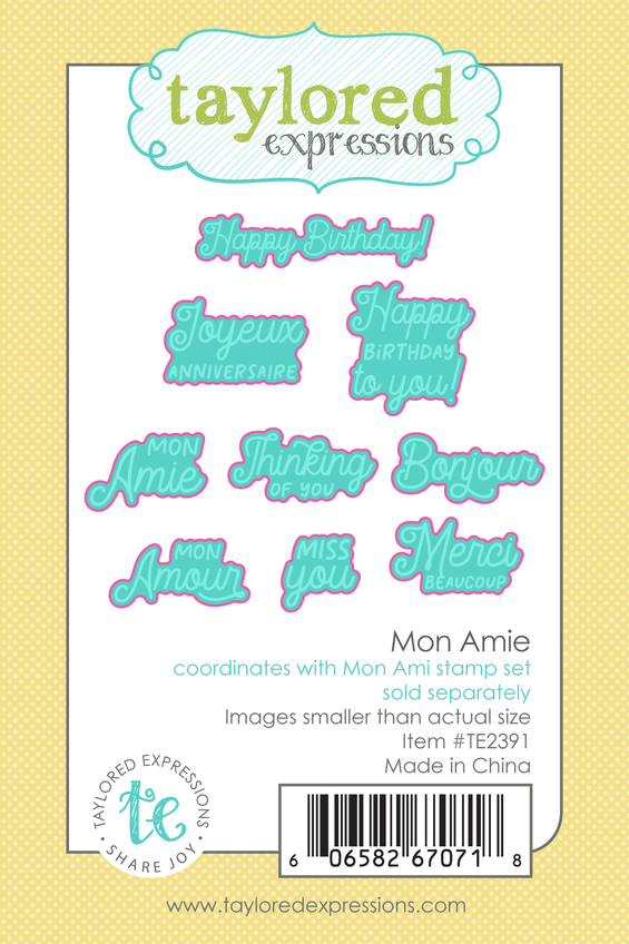 Graphic of Mon Amie steel die set that cuts out Paris themed sentiments for papercrafting.