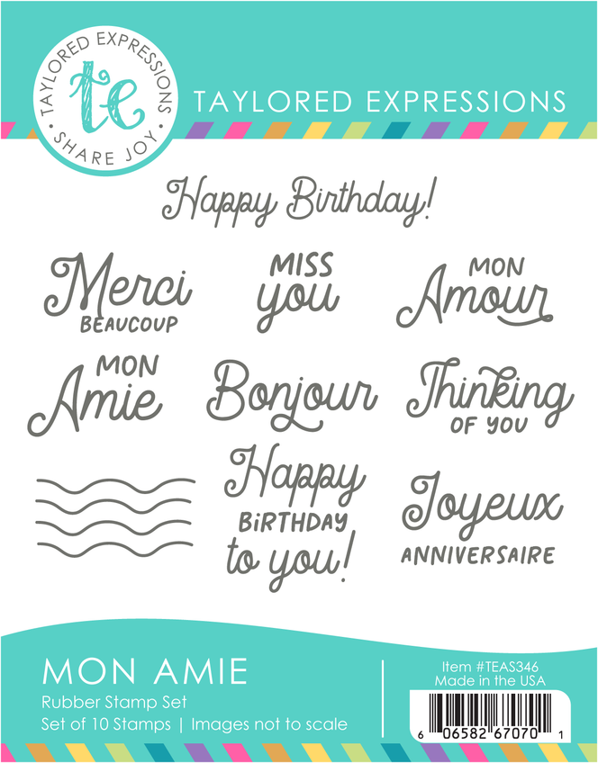 Graphic of Mon Amie Red Rubber Stamp Set that includes 10 sentiment stamps that are Paris themed.