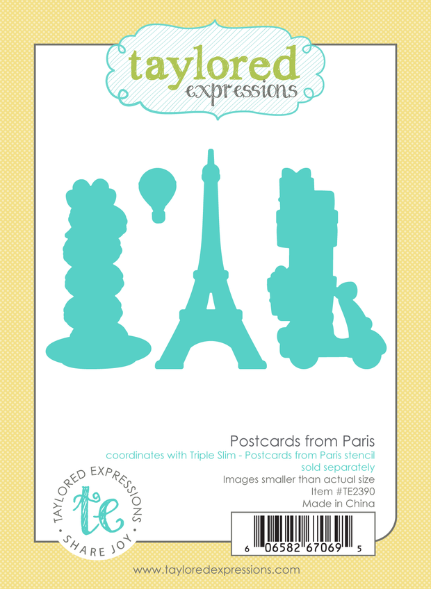Graphic of Postcards from Paris steel die which cuts out stack of macarons, the Eiffel Tower, a ballon, and scooter with presents on it for papercrafting.