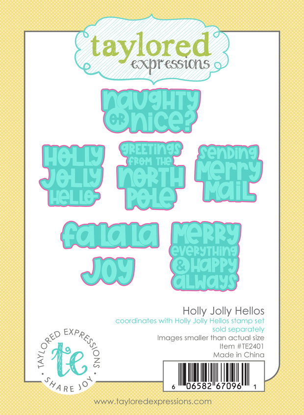 Graphic of Holly Jolly Hellos steel die set that cuts out holiday sentiments.