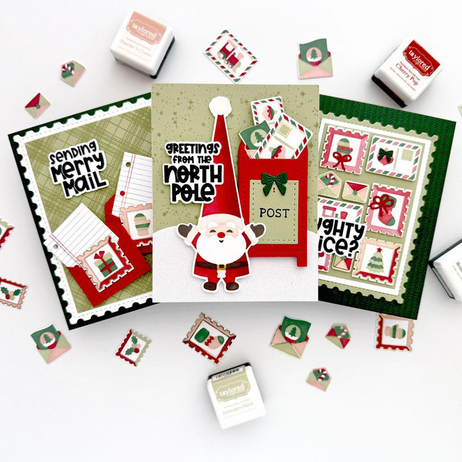Image of 3 handmade greeting cards with different mail and postage themes for the holidays.