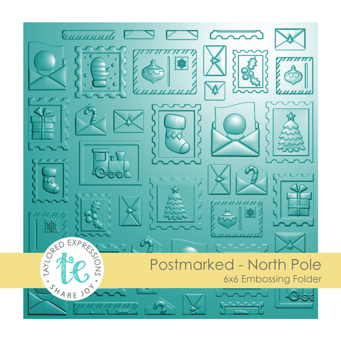 Graphic of Postmarked - North Pole 6x6 Embossing Folder which creates Christmas postage for papercrafting.