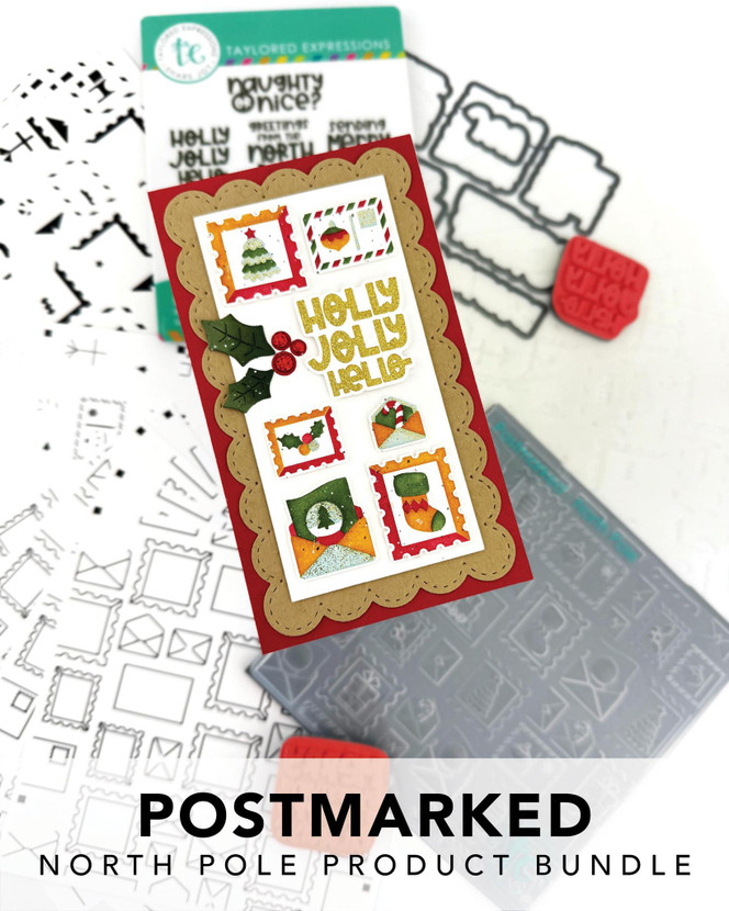 Graphic of Postmarked North Pole Product Bundle which includes steel die, foil, and stamps for papercrafting.