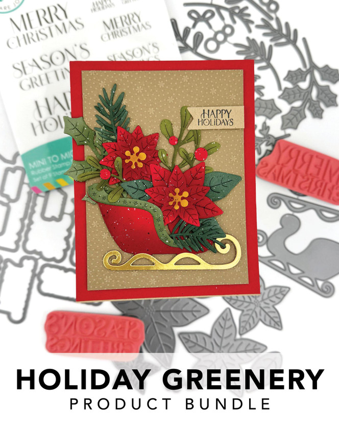Graphic of Holiday Greenery Product Bundle which includes dies and red rubber stamps for papercrafting.