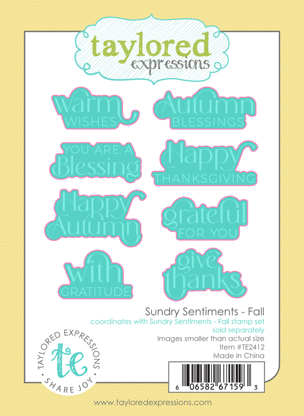 Graphic of Sundry Sentiments - Fall steel die set which includes sentiment cut outs for papercrafting.