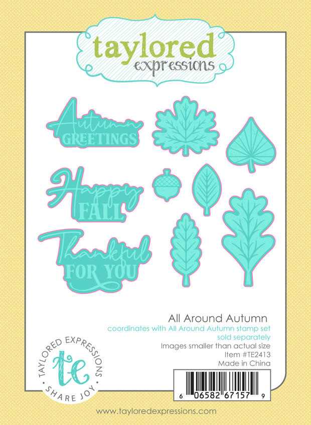 Graphic of All Around Autumn steel dies that include sentiments and fall leaves for papercrafting.
