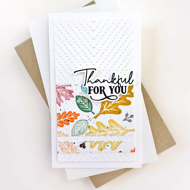 Handmade greeting card with leaves on it and thankful for you sentiment on it.
