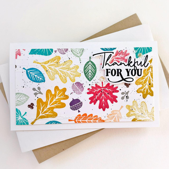 Handmade greeting card with leaves on it and thankful for you sentiment on it.