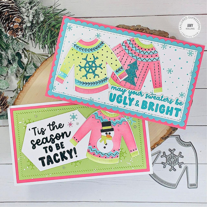 Two handmade greeting cards with sweaters on both and ugly sweater sentiments on each.