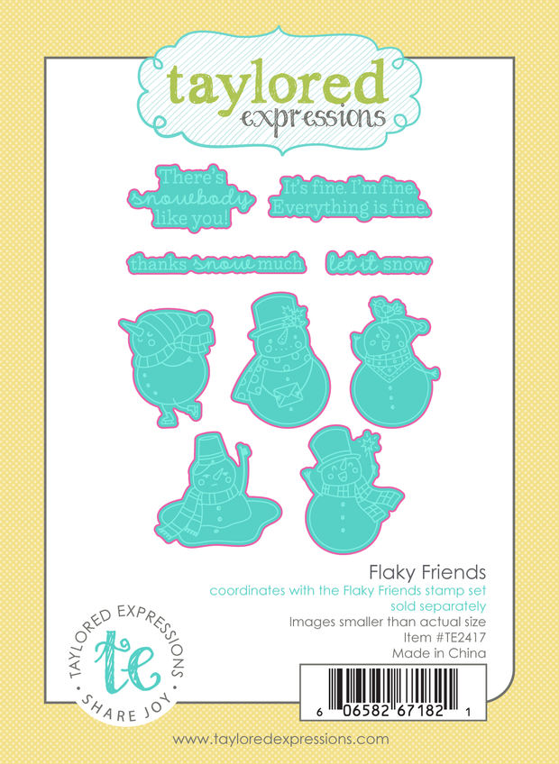 Graphic of Flaky Friends steel die set of snowmen and sentiments used for papercrafting.