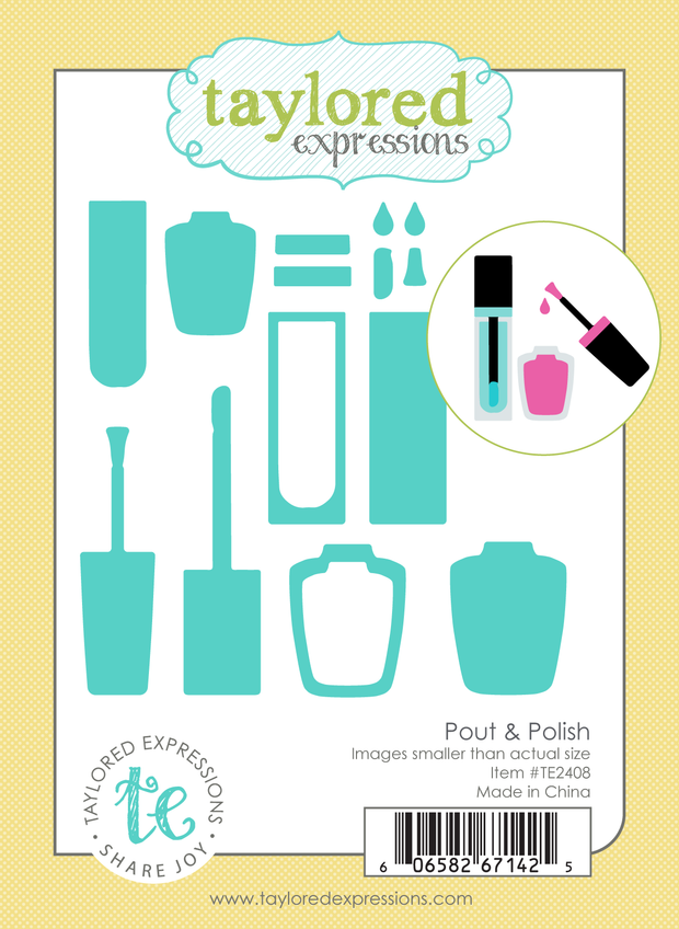 Graphic of Pout & Polish steel die set that includes nail polish die cut for papercrafting.