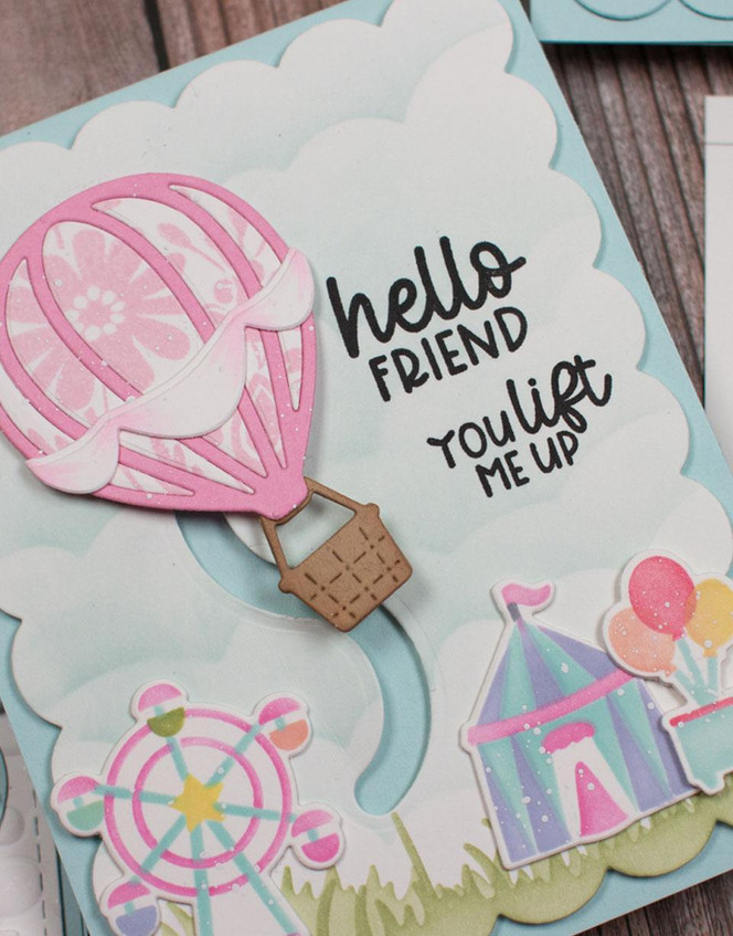 Handmade greeting card with hot air balloon on it and hello friend, you lift me up sentiment on it.