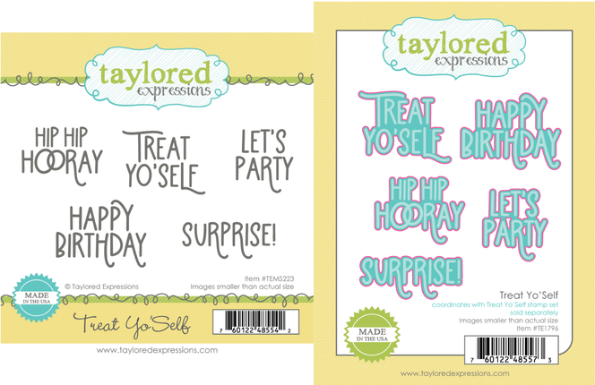 Graphic of Treat Yo'Self Stamp and steel dies used for papercrafting.