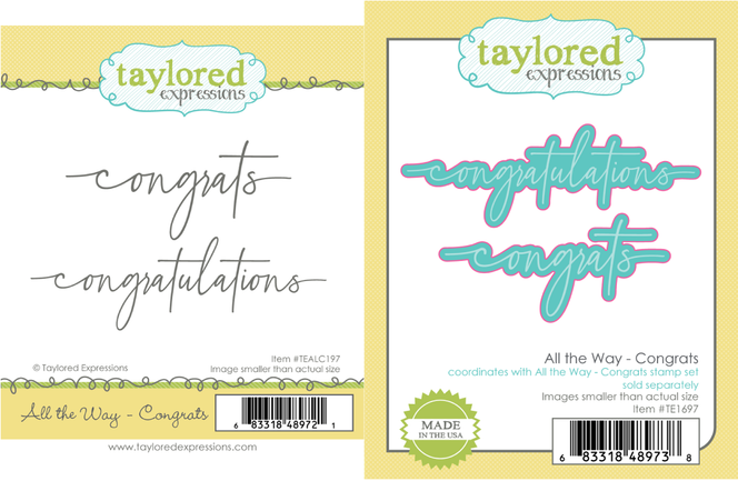 Graphic of All the Way Stamp Set and dies - Congrats which say congrats and are used for papercrafting.