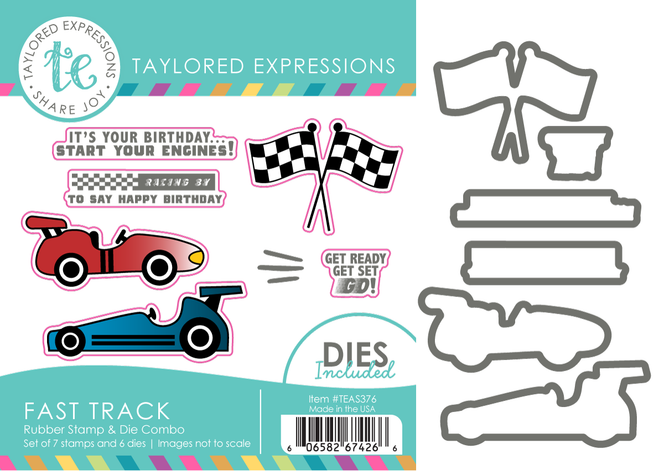 Graphic of Fast Track Rubber Stamp and Die Combo which includes race cars and racing birthday sentiments for papercrafting.