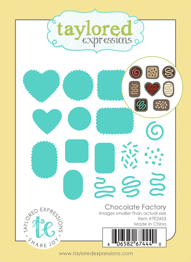 Graphic of Chocolate Factory which includes dies to cut out chocolate shapes and sprinkles for papercrafting.