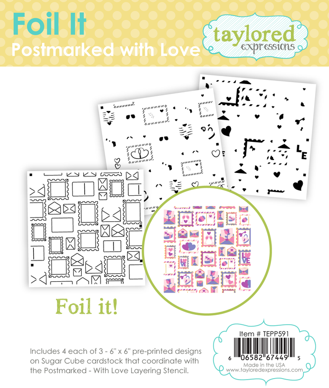 Graphic of Foil It Postmarked with Love which includes 4 of each 3 6x6 pre-printed foiling designs that create heart shaped mail.