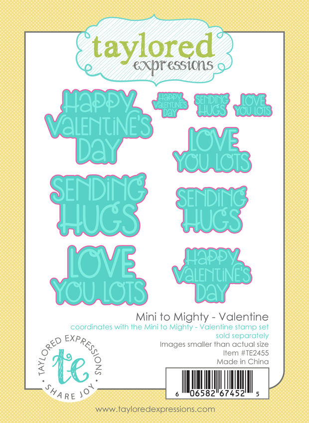 Graphic of Mini to Might Dies - Valentine's which include steel dies to cut out Valentine's Day sentiments for papercrafting.