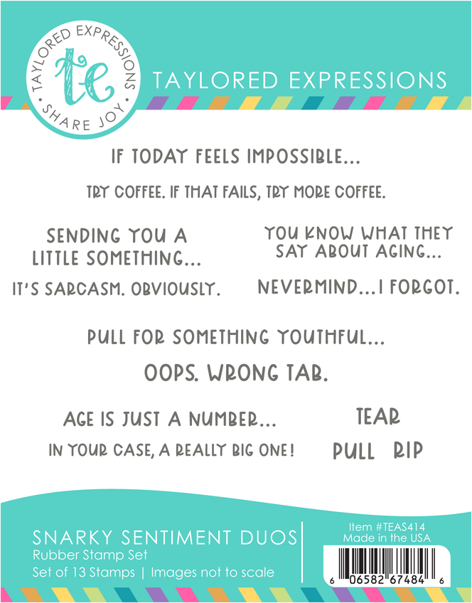 Graphic of Snarky Sentiments Duo rubber stamp set that includes 13 snarky sentiments for papercrafting.
