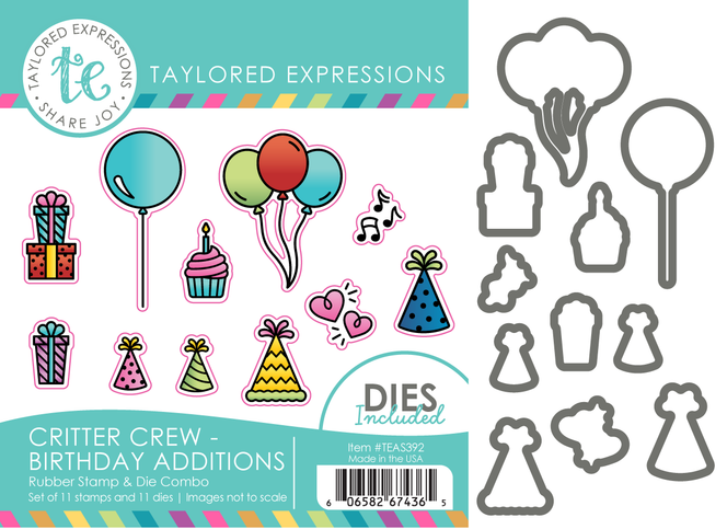 Graphic of Critter Crew Stamp and Die Combo- Birthday Additions which includes celebration items for papercrafting.