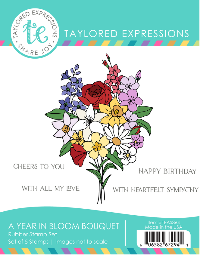 Graphic of A Year in Bloom Bouquet Stamp which includes stamp and sentiments for papercrafting.