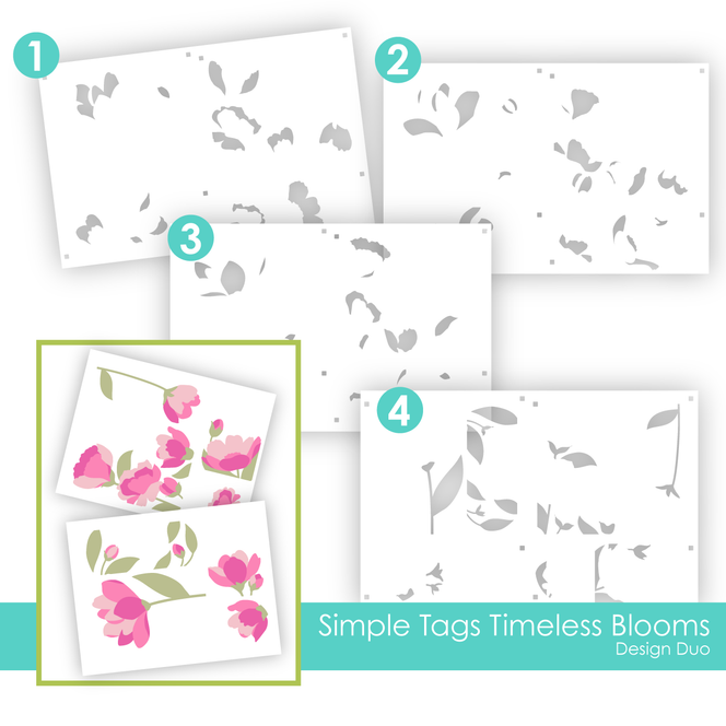 Graphic of Design Duo Layering Stencil - Simple Tags Timeless Blooms which creates flower tags for papercrafting.