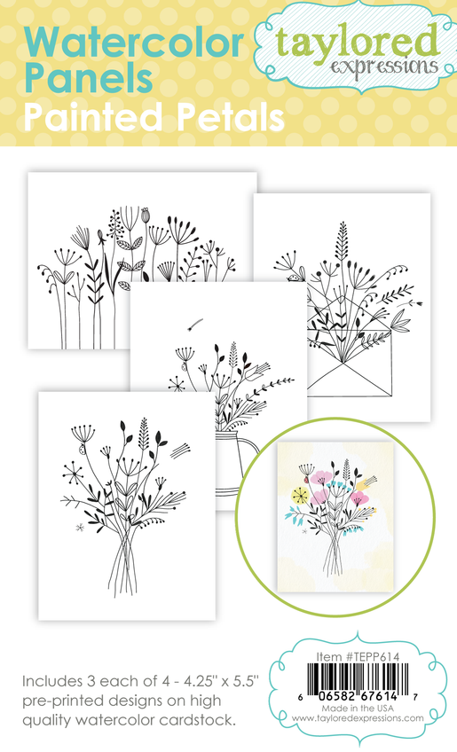 Graphic of Watercolor Panels Painted Petals which includes 3 each of 4 pre-printed designs for papercrafting.