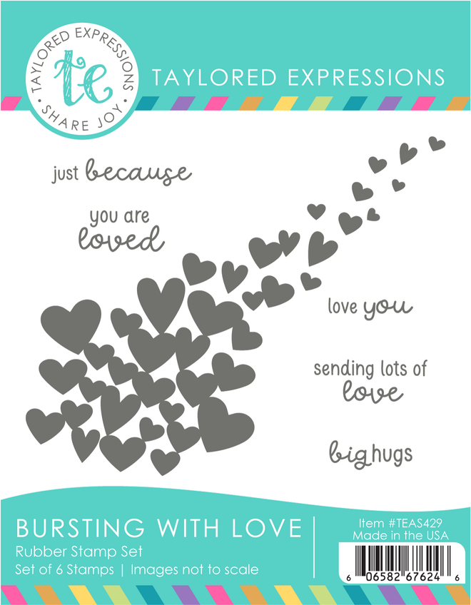 Graphic of Bursting with Love Stamp Set which is used for papercrafting and includes hearts and sentiments.