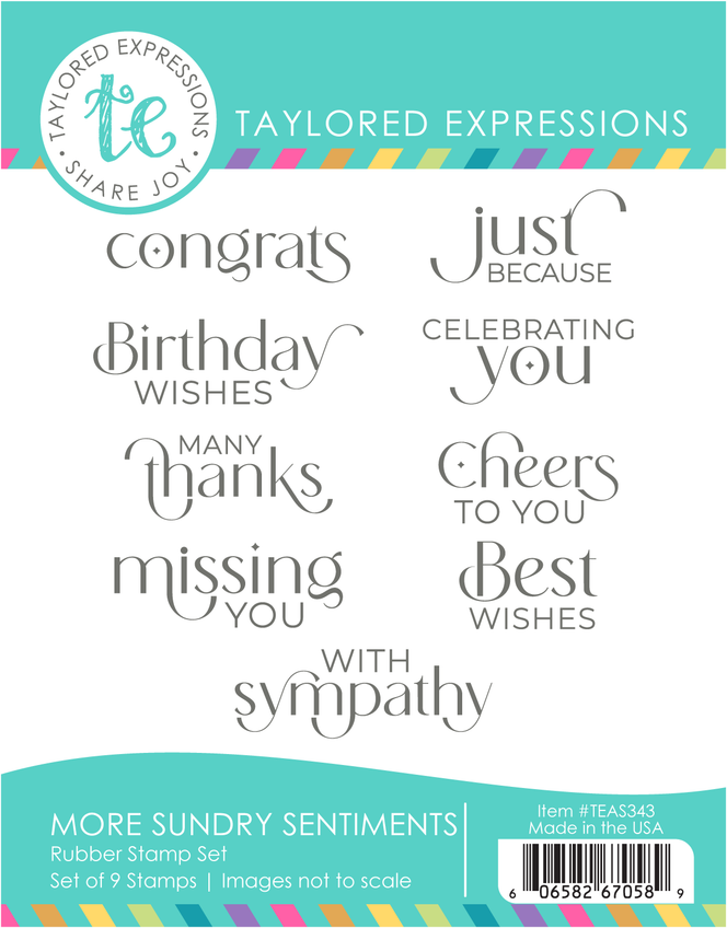 Graphic of More Sundry Sentiments Stamp Set which includes rubber stamps for papercrafting.