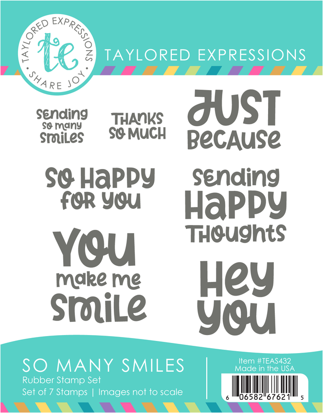 Graphic of So Many Smiles Stamp Set which has sentiments used for papercrafting.
