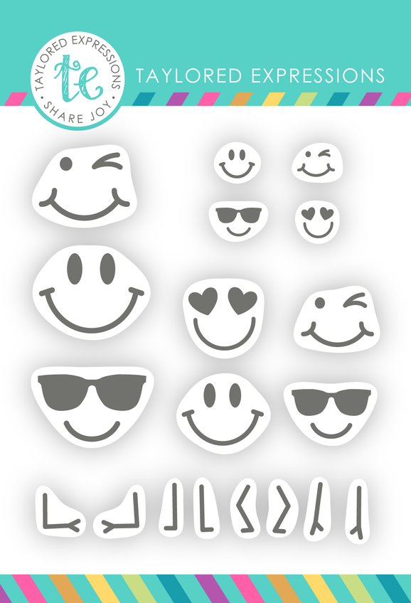 Graphic of C'mon Get Happy Clear Stamps which are smiley faces for papercrafting.