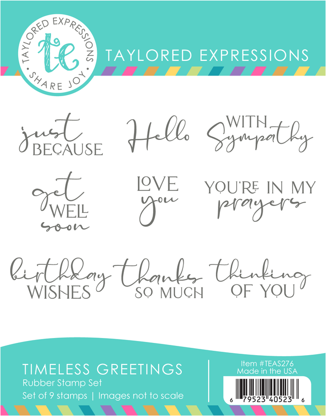 Graphic of Timeless Greetings Stamp Set which includes stamps for papercrafting.