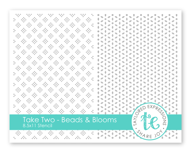 Graphic of Take Two - Beads & Blooms Stencil which includes beaded pattern and flower blooms for papercrafting.