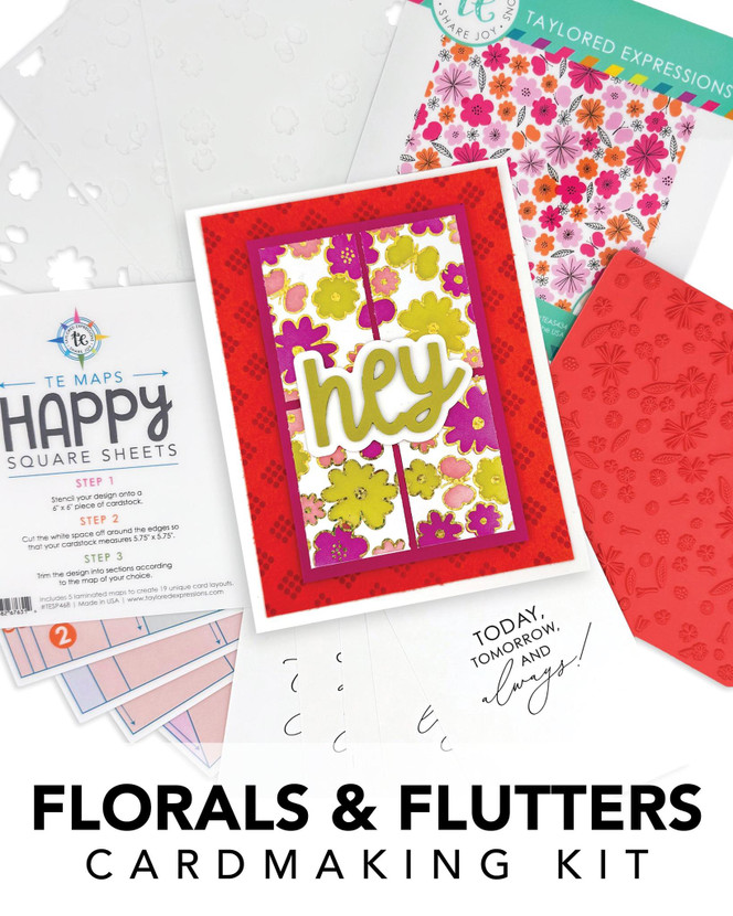 Graphic of Florals & Flutters Cardmaking Kit which includes happy square sheets, stamp, stencils, and insiders for papercrafting.
