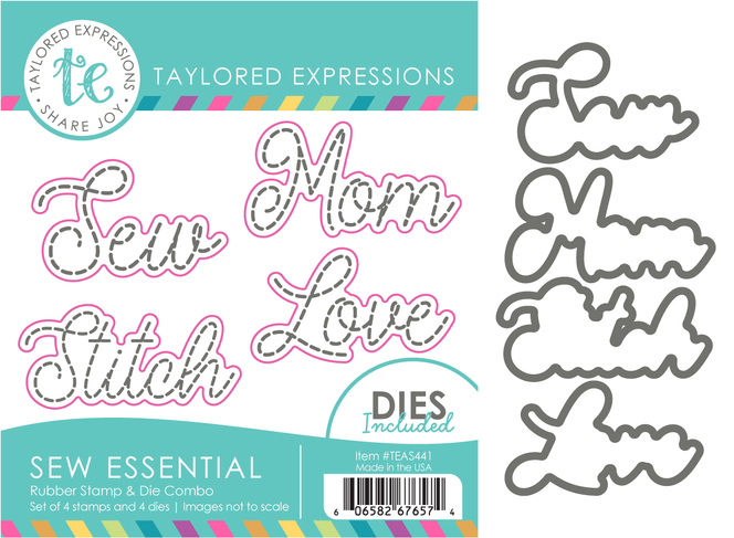 Graphic of Sew Essential Stamp & Die combo which includes sentiments for sewing for papercrafting.
