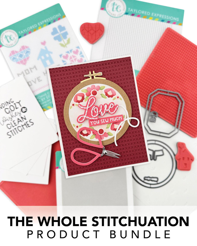 Graphic of The Whole Stitchuation Bundle with insiders, stamps, and dies in it used for papercrafting.