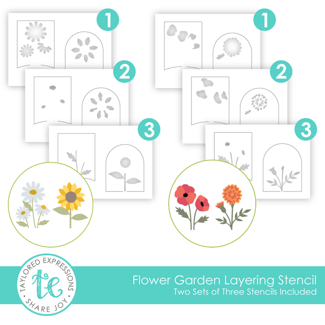 Graphic of Flower Garden Layering Stencil which includes multiple flowers for papercrafting.