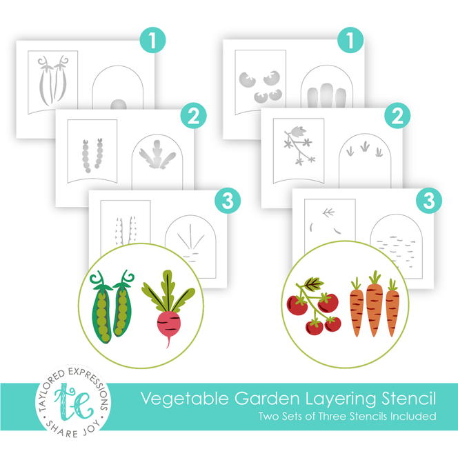 Graphic of Vegetable Garden Layering Stencil which creates vegetables for papercrafting.