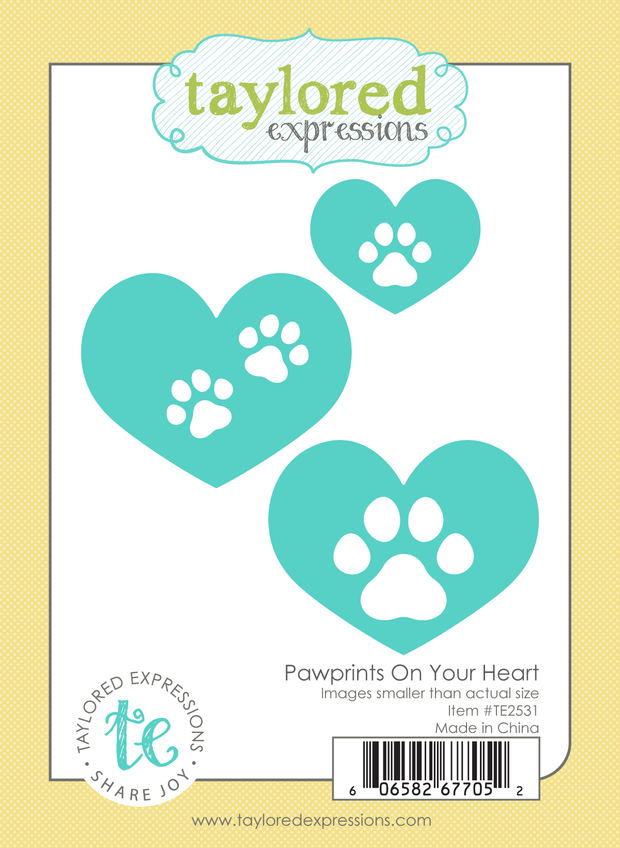 Graphic of Pawprints On Your Heart Die Set which includes paws and hearts for papercrafting.