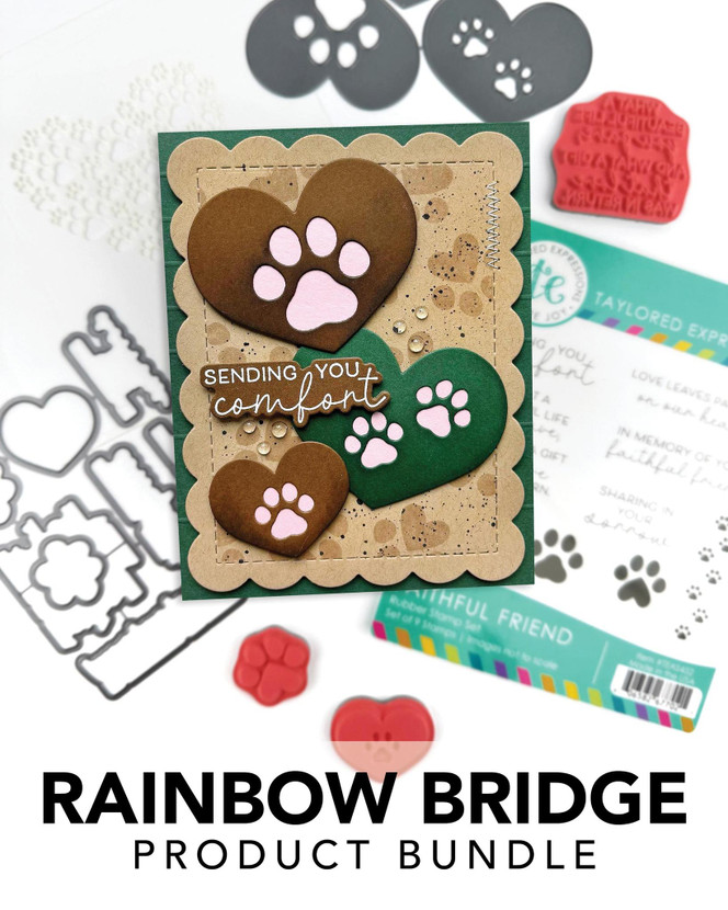 Graphic of Rainbow Bridge Bundle which includes stamps, sentiments, and dies for papercrafting.