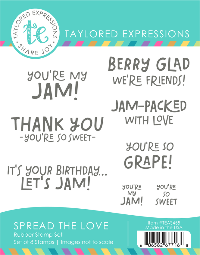 Graphic of Spread the Love red rubber stamp set that includes a set of 8 stamps for papercrafting.