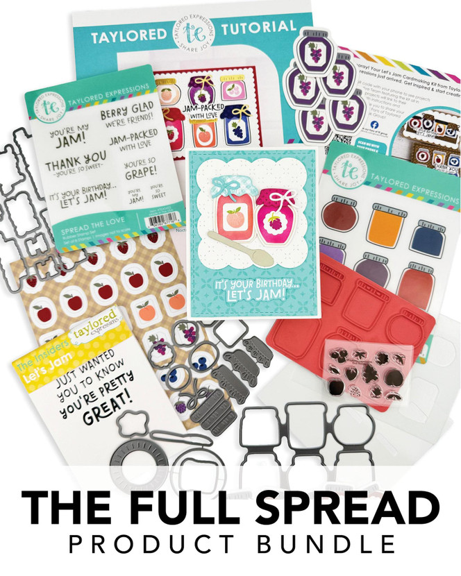 Graphic of the Full Spread Bundle which includes insiders, stamps, stickers, and dies for papercrafting.