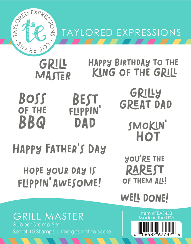 Graphic oof Grill Master Rubber Stamp Set that includes 10 sentiments for papercrafting.