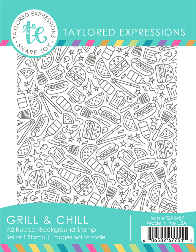 Graphic of Grill & Chill Background stamp which includes various summer themed items for papercrafting.